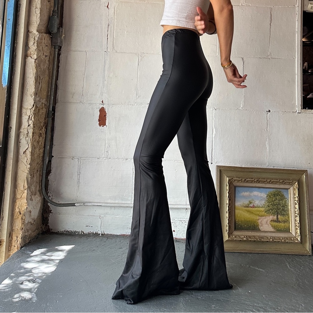 Black faux leather stretchy bell bottoms